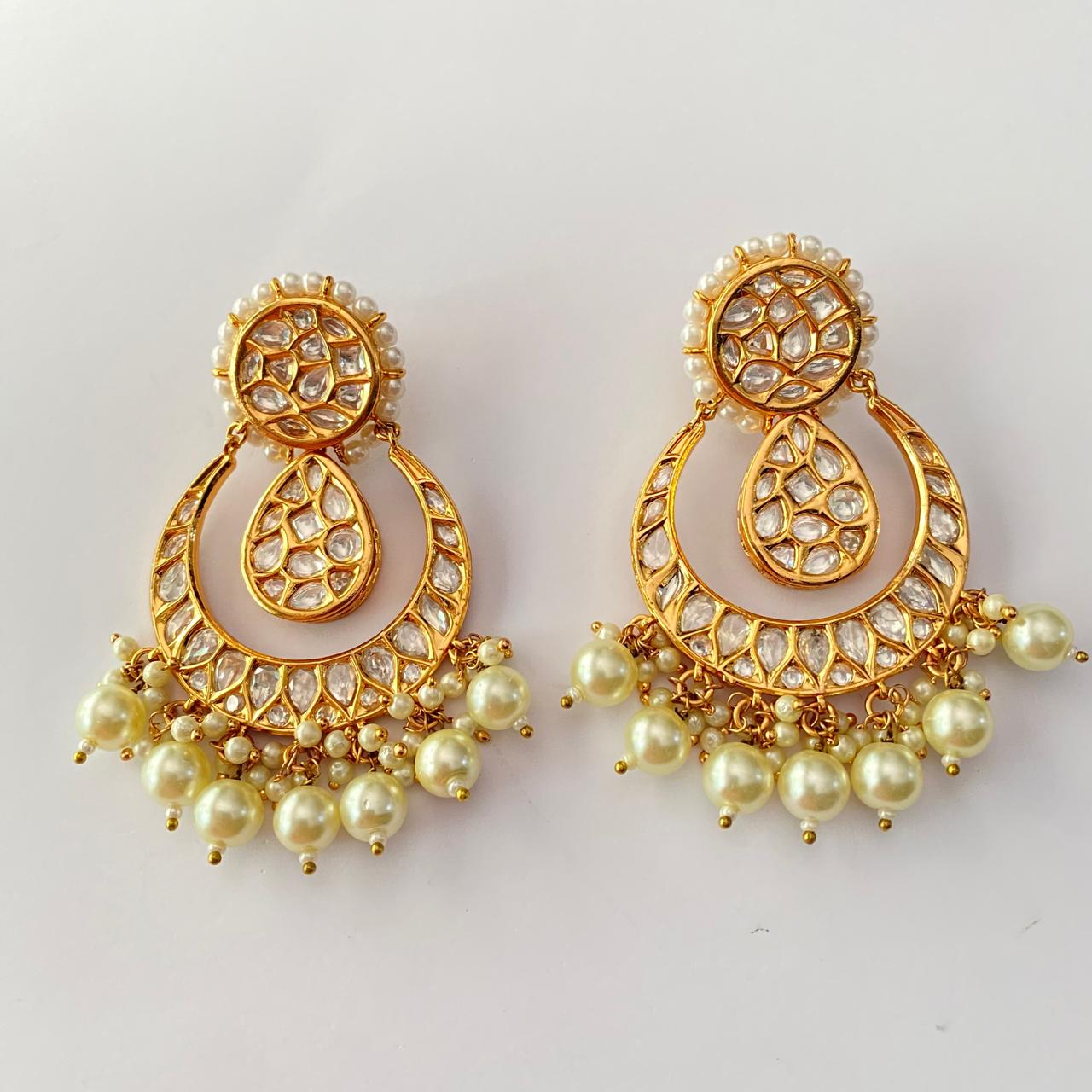 Pearl Moissanite Gold Plated Chandbali Earring