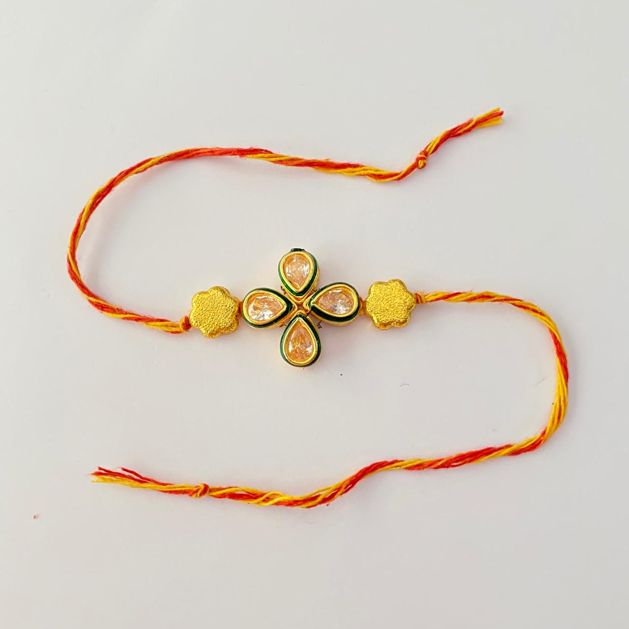Flower Design Gold Plated Kundan Rakhi