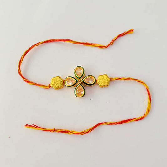 Flower Design Gold Plated Kundan Rakhi