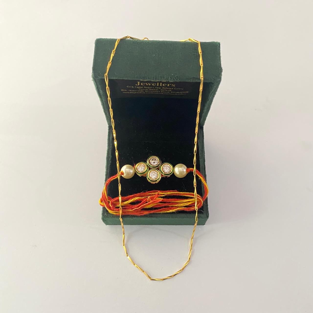 Emerald Gold Plated Kundan  Rakhi with chain combo