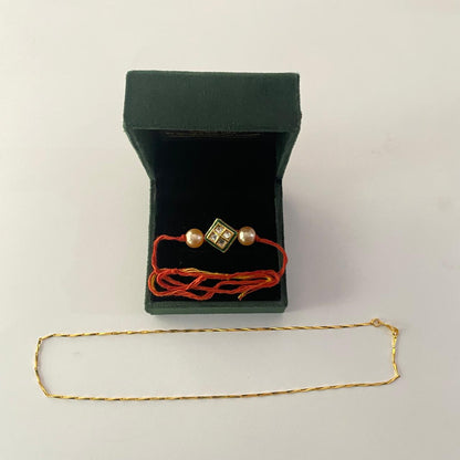 Center Square Cut Kundan with Off White Pearl Rakhi with chian combo pack
