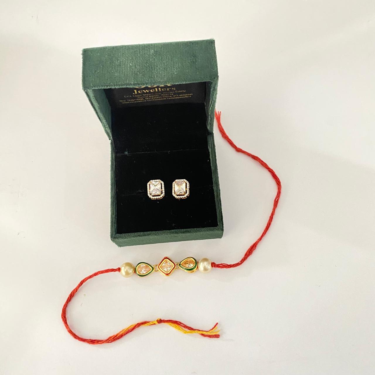 Teardrop and Shape Shape Kundan with Pearl Rakhi with Rectangular Shape with Framework Back Screw Gold Plated Solitaire Combo