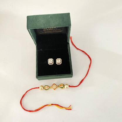 Teardrop and Shape Shape Kundan with Pearl Rakhi with Rectangular Shape with Framework Back Screw Gold Plated Solitaire Combo