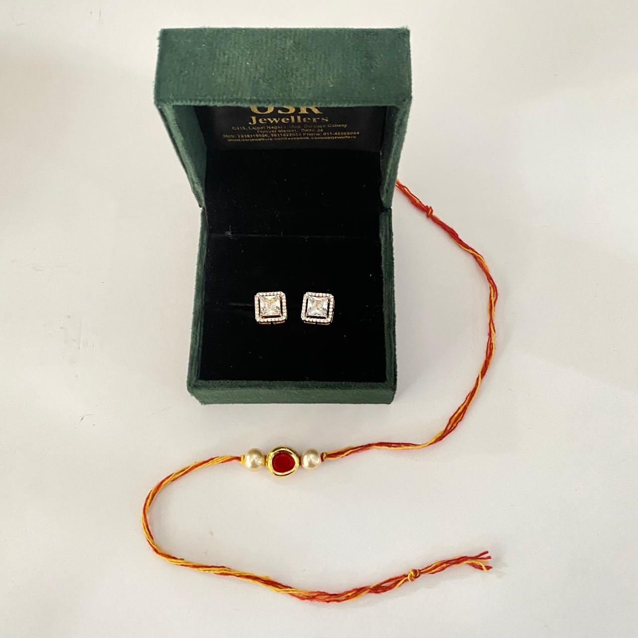 Ruby Kundan with Pearl Rakhi with Square Shape with Framework Gold Plated Back Screw Solitaire Combo