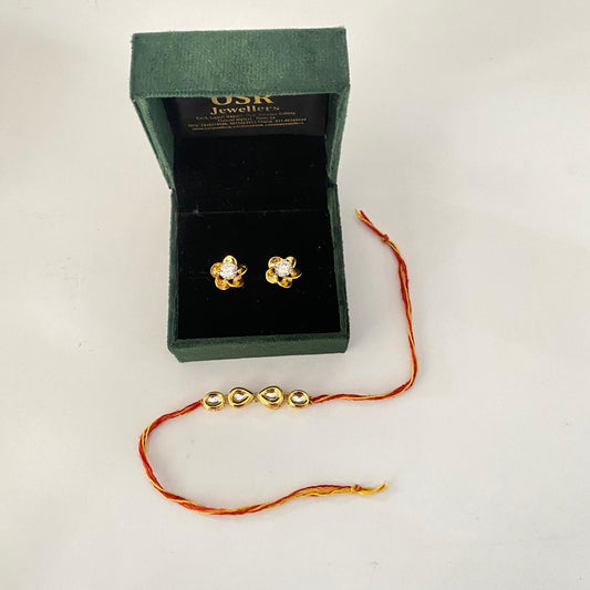 Teardrop Kundan Rakhi with Flower Design Gold Plated Back Screw Solitaire Combo