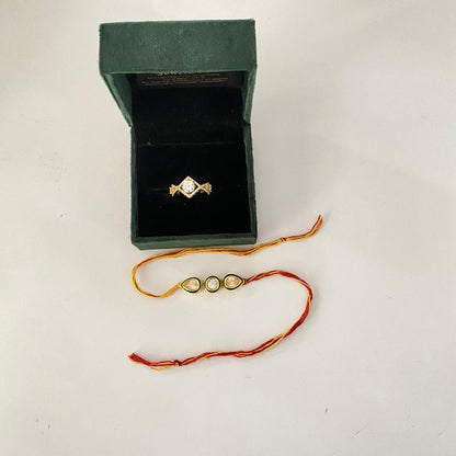 Teardrop Kundan Rakhi with Diamond Gold Plated Ring Combo