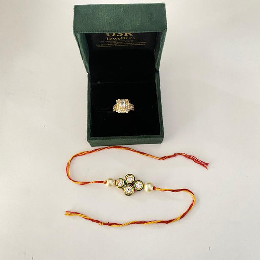 Emerald Gold Plated Kundan with Pearl Rakhi with Diamond Gold Plated Ring Combo