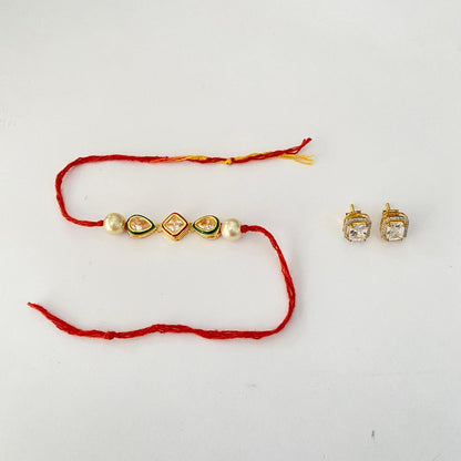 Teardrop and Shape Shape Kundan with Pearl Rakhi with Rectangular Shape with Framework Back Screw Gold Plated Solitaire Combo