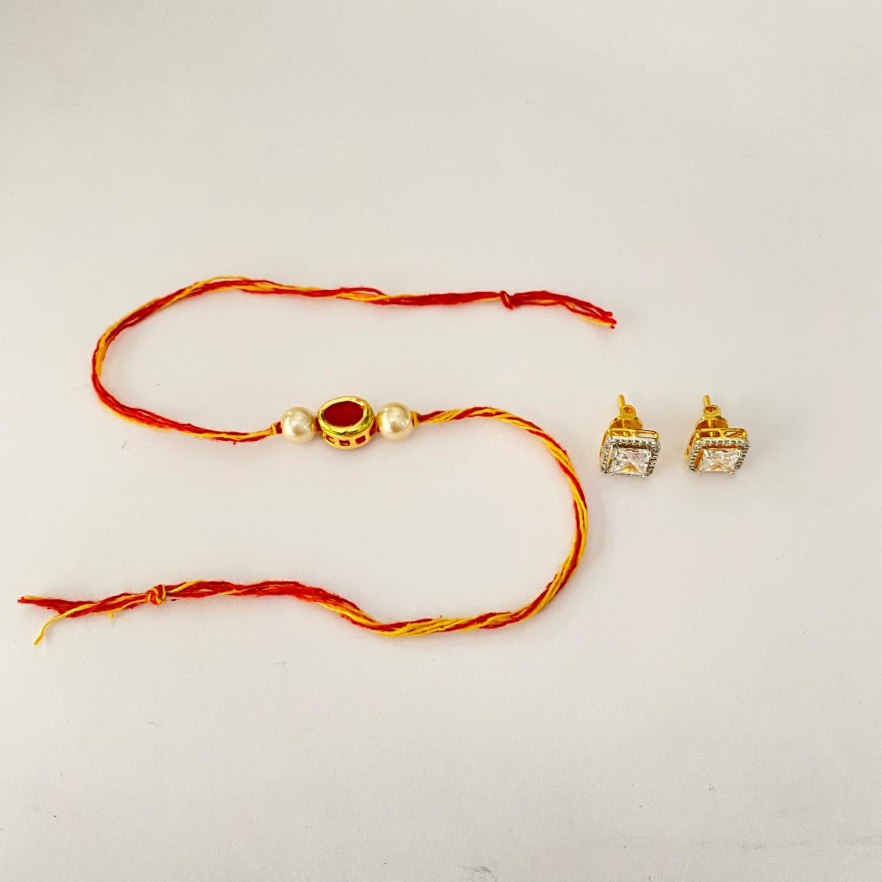 Ruby Kundan with Pearl Rakhi with Square Shape with Framework Gold Plated Back Screw Solitaire Combo