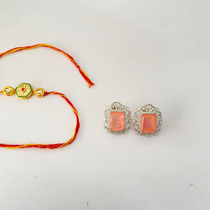 Central Hexagonal Design with a Red Stone Kundan Gold Plated Rakhi with Pink Stone Silver Plated Stud Combo
