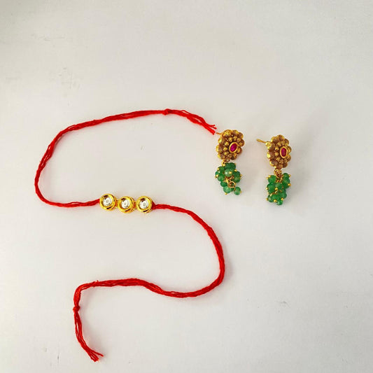 Round Shape Gold Plated Kundan Rakhi with Ruby & Emerald Gold Palted Earring Combo