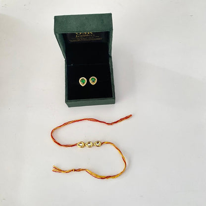 Three Teardrop Kundan Rakhi with Emerald Gold Palted Small Stud Combo