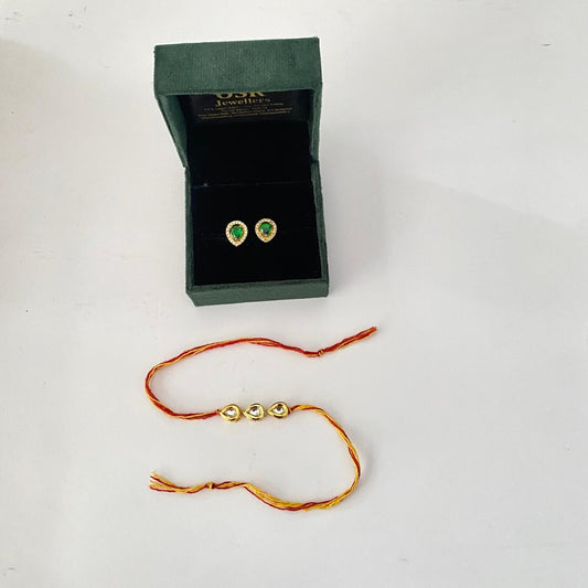 Three Teardrop Kundan Rakhi with Emerald Gold Palted Small Stud Combo