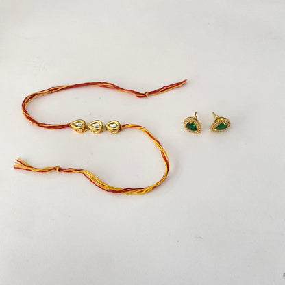 Three Teardrop Kundan Rakhi with Emerald Gold Palted Small Stud Combo