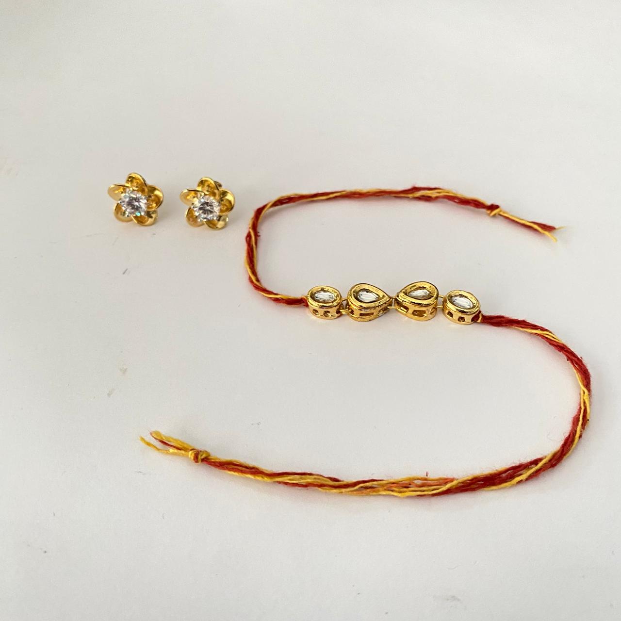 Teardrop Kundan Rakhi with Flower Design Gold Plated Back Screw Solitaire Combo