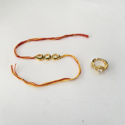 Teardrop Kundan Rakhi with Diamond Gold Plated Ring Combo