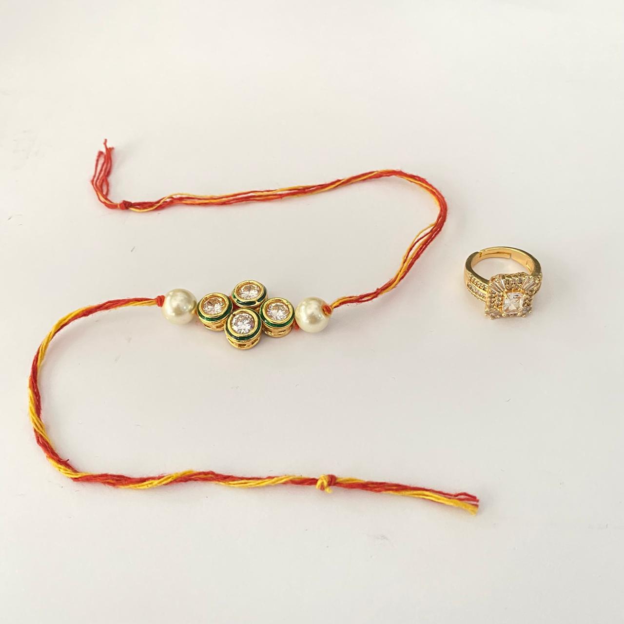 Emerald Gold Plated Kundan with Pearl Rakhi with Diamond Gold Plated Ring Combo