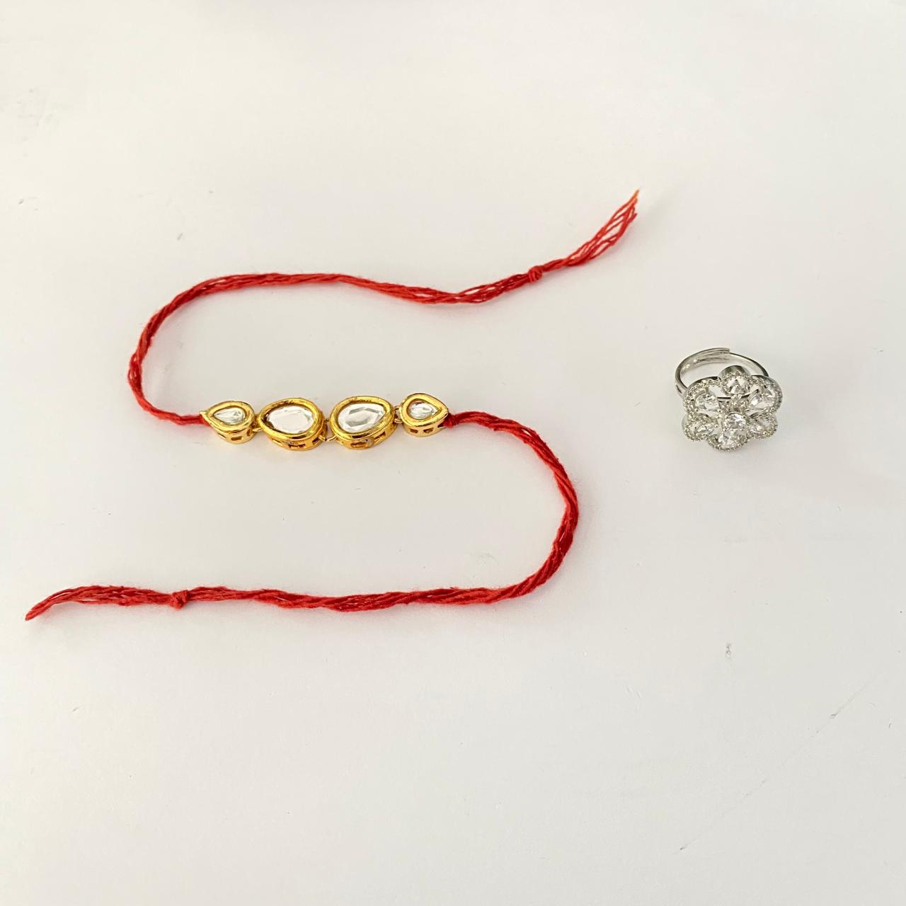 Teardrop Kundan Rakhi with Diamond Silver Plated Floral Ring Combo