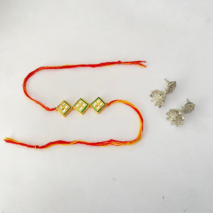 Three Square Cut Kundan Rakhi with Diamond Silver Plated Jhumka Earring Combo