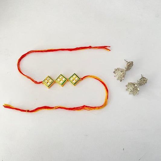 Three Square Cut Kundan Rakhi with Diamond Silver Plated Jhumka Earring Combo