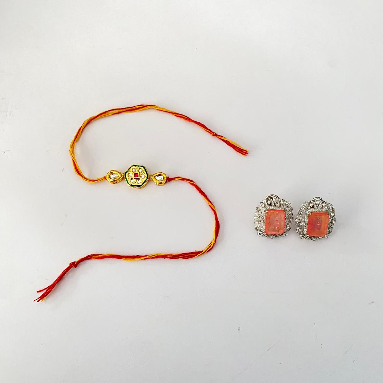Central Hexagonal Design with a Red Stone Kundan Gold Plated Rakhi with Pink Stone Silver Plated Stud Combo