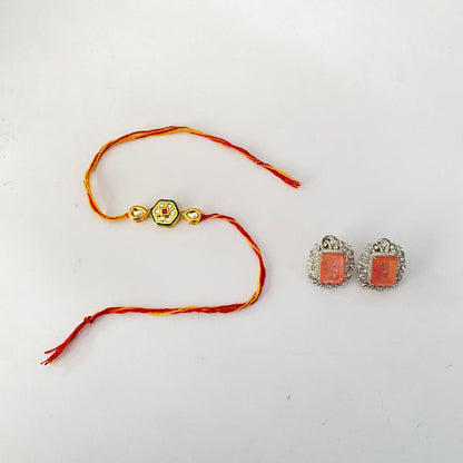 Central Hexagonal Design with a Red Stone Kundan Gold Plated Rakhi with Pink Stone Silver Plated Stud Combo