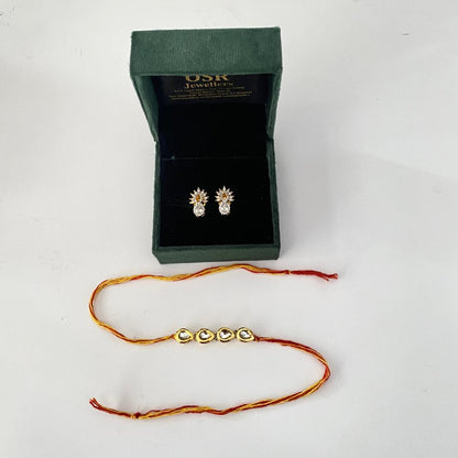 Four Teardrop Kundan Rakhi with Diamond Gold Plated Floral Stud Combo