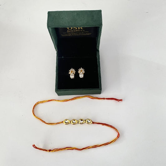 Four Teardrop Kundan Rakhi with Diamond Gold Plated Floral Stud Combo