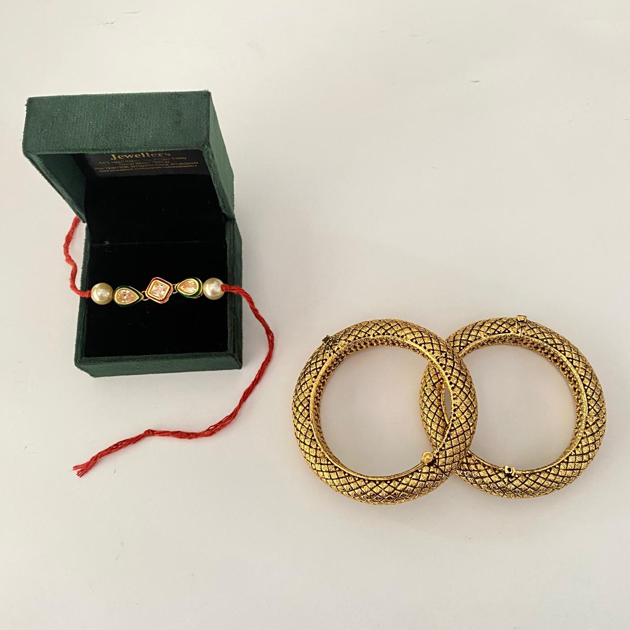 Teardrop and Square Shape Kundan with Pearl Rakhi with Gold Plated Kandani Bangle