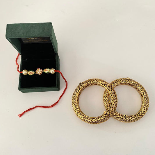 Teardrop and Square Shape Kundan with Pearl Rakhi with Gold Plated Kandani Bangle