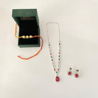 Teardrop and Round Shape Kundan Rakhi with Multi Color Diamond Silver Plated Necklace Set Combo