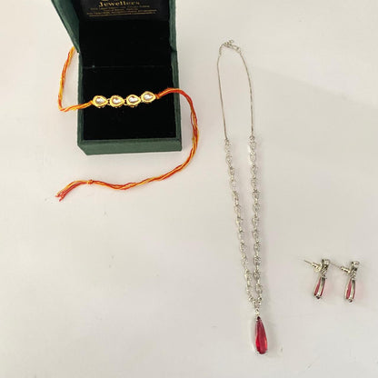 Four Teardrop Kundan Rakhi with Ruby Silver Plated Diamond Necklace Set Combo