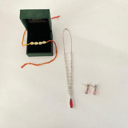 Four Teardrop Kundan Rakhi with Ruby Silver Plated Diamond Necklace Set Combo