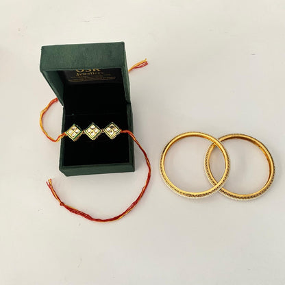 Three Square Cut Kundan Rakhi with Gold Plated with Pearl Bangle