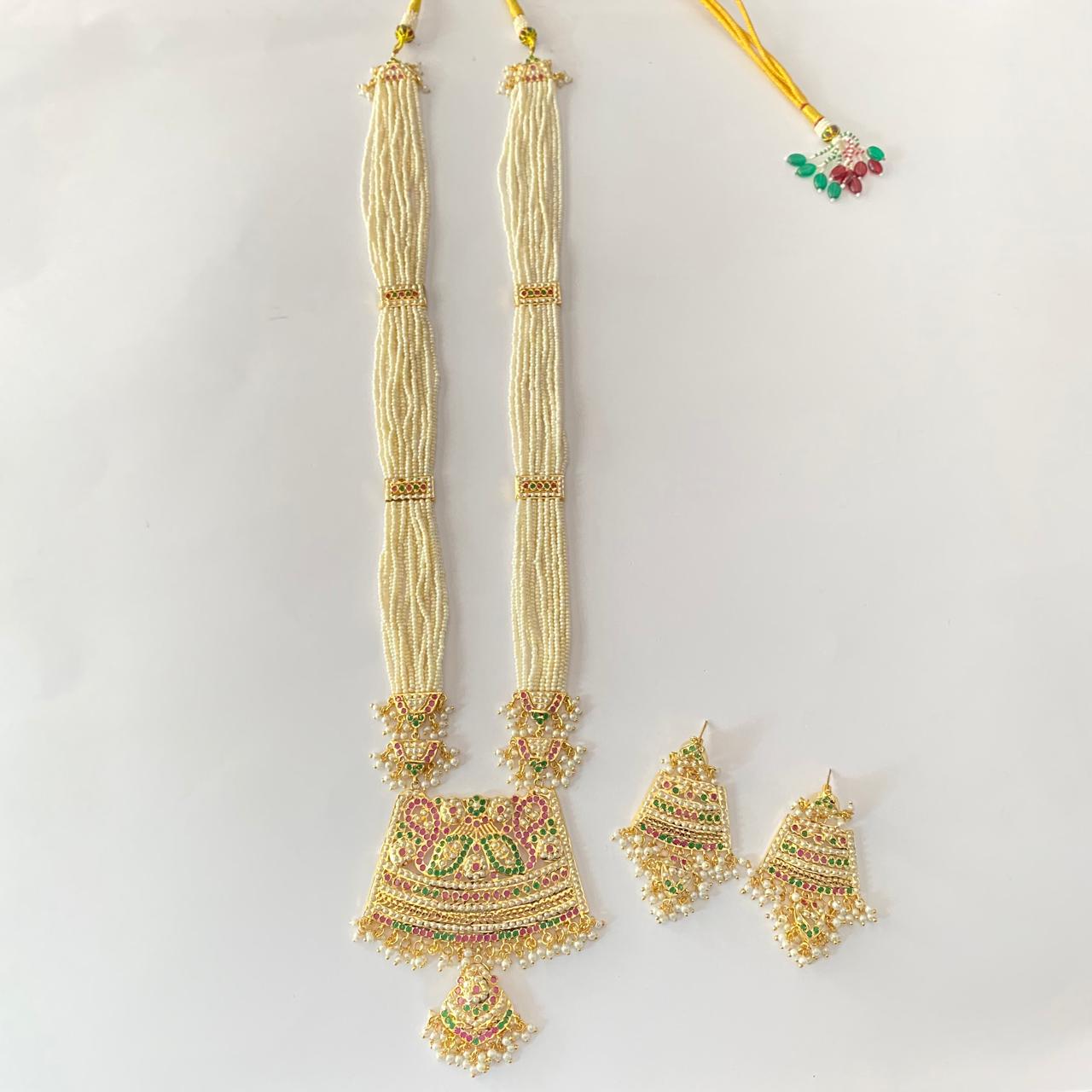 Ruby, White Pearl Green Long Jadau Rani Haar