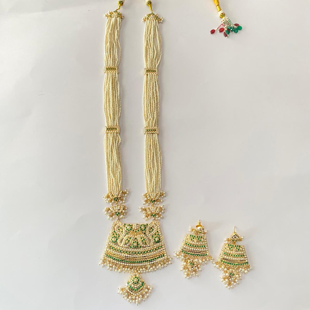 Green White Pearl Long Gold Plated Jadau Rani Haar