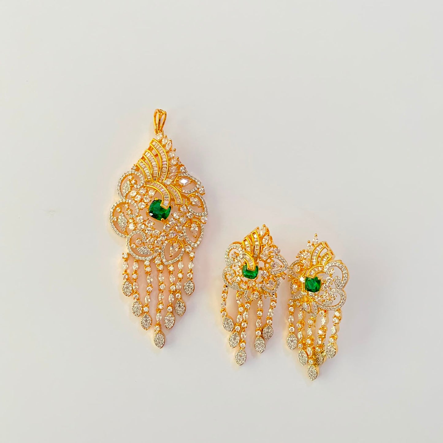 Gold Plated Diamond Green Pendant Set
