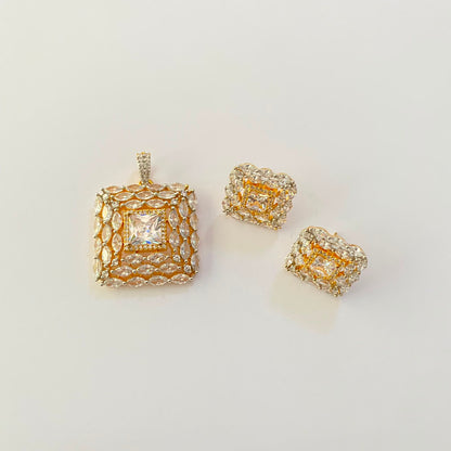 Diamond Square Shape Gold Plated Pendant Set