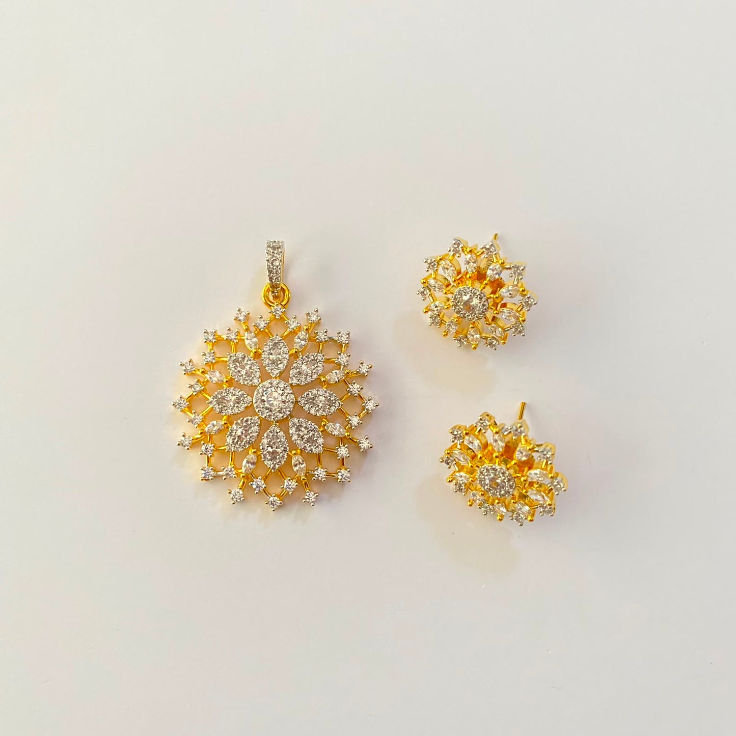 Gold Plated Flower Design Diamond Pendant Set