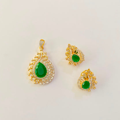 Green Stone Gold Plated Diamond Pendant Set