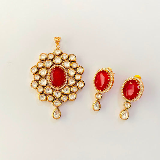 Gold Plated Ruby Kundan Pendant Set