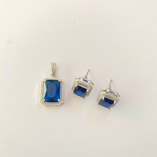 Silver Plated Blue Diamond Pendant Set