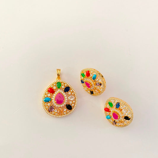 Gold Plated Navrattan in Leaf Shape Pendant Set