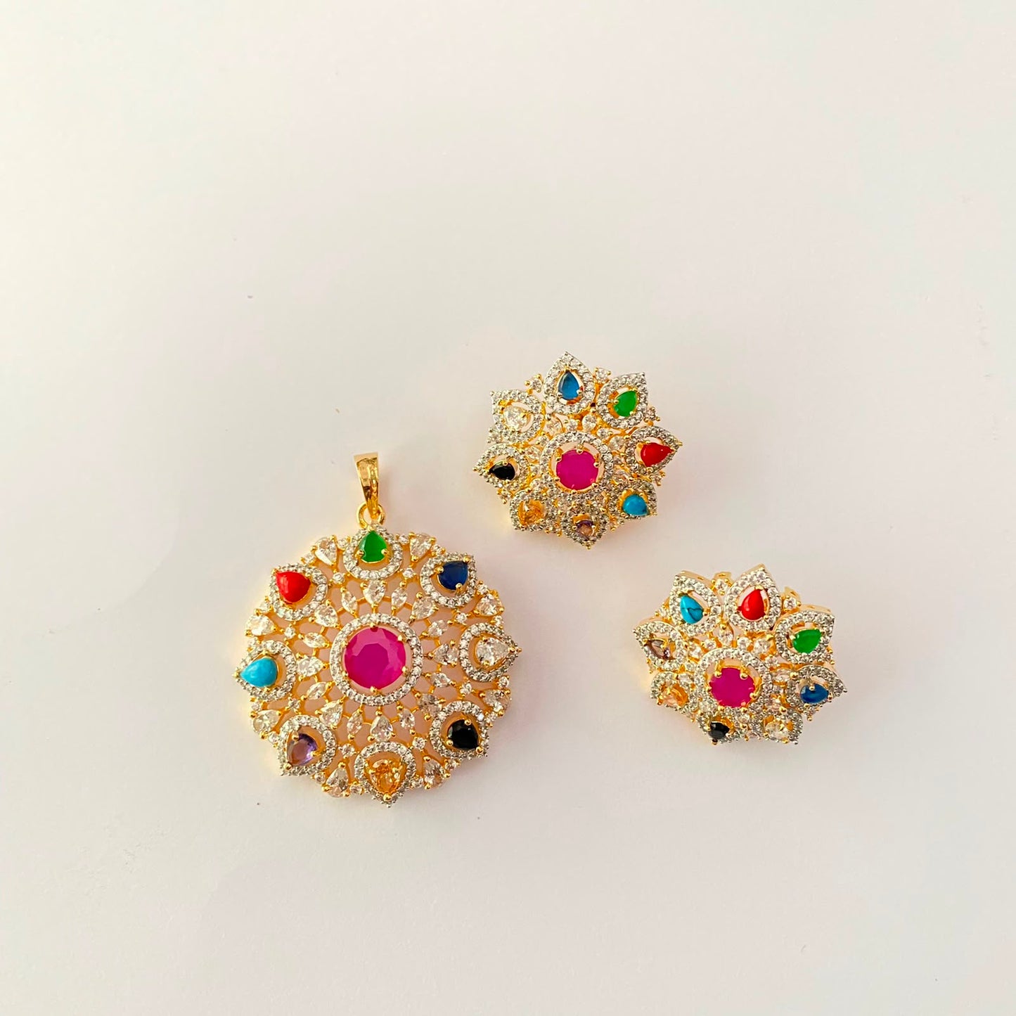 Navratan Gold Plated Round Shape Pendant Set