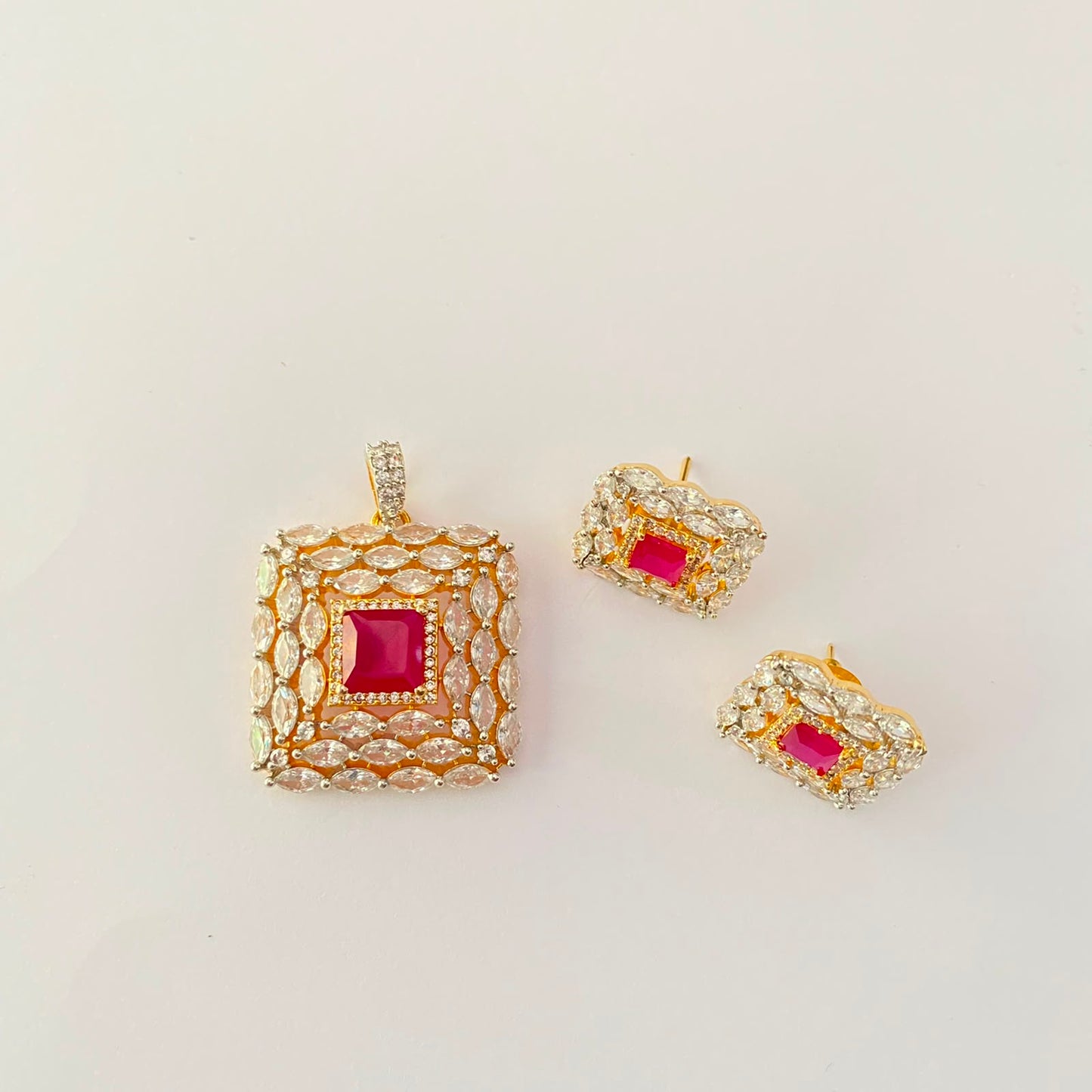 Square Shape Ruby Diamond Gold Plated Pendant Set