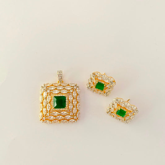 Green Diamond Gold Plated Square Shape Pendant Set