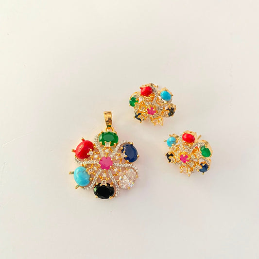 Gold Plated Navratan Pendant Set