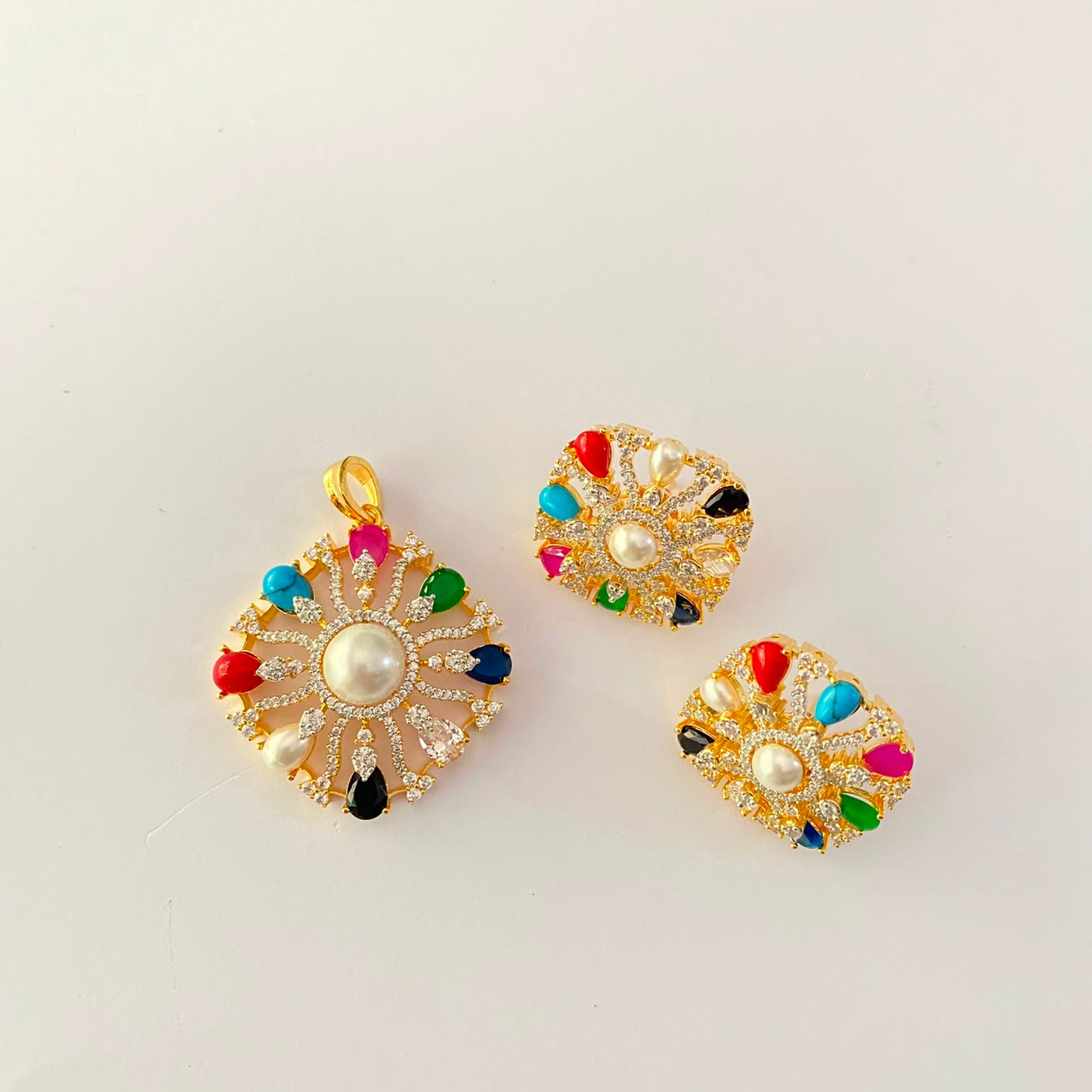 Pearl Navratan Gold Plated Pendant Set
