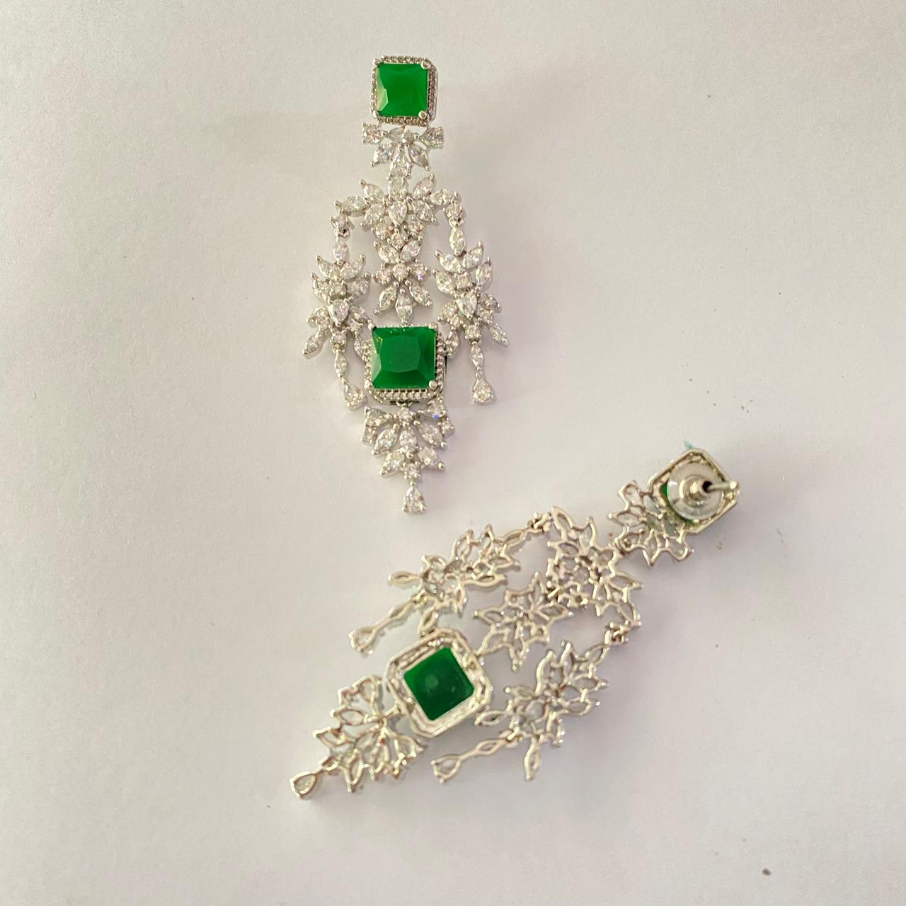 Emerald Silver Plated Diamond Hanging Earring
