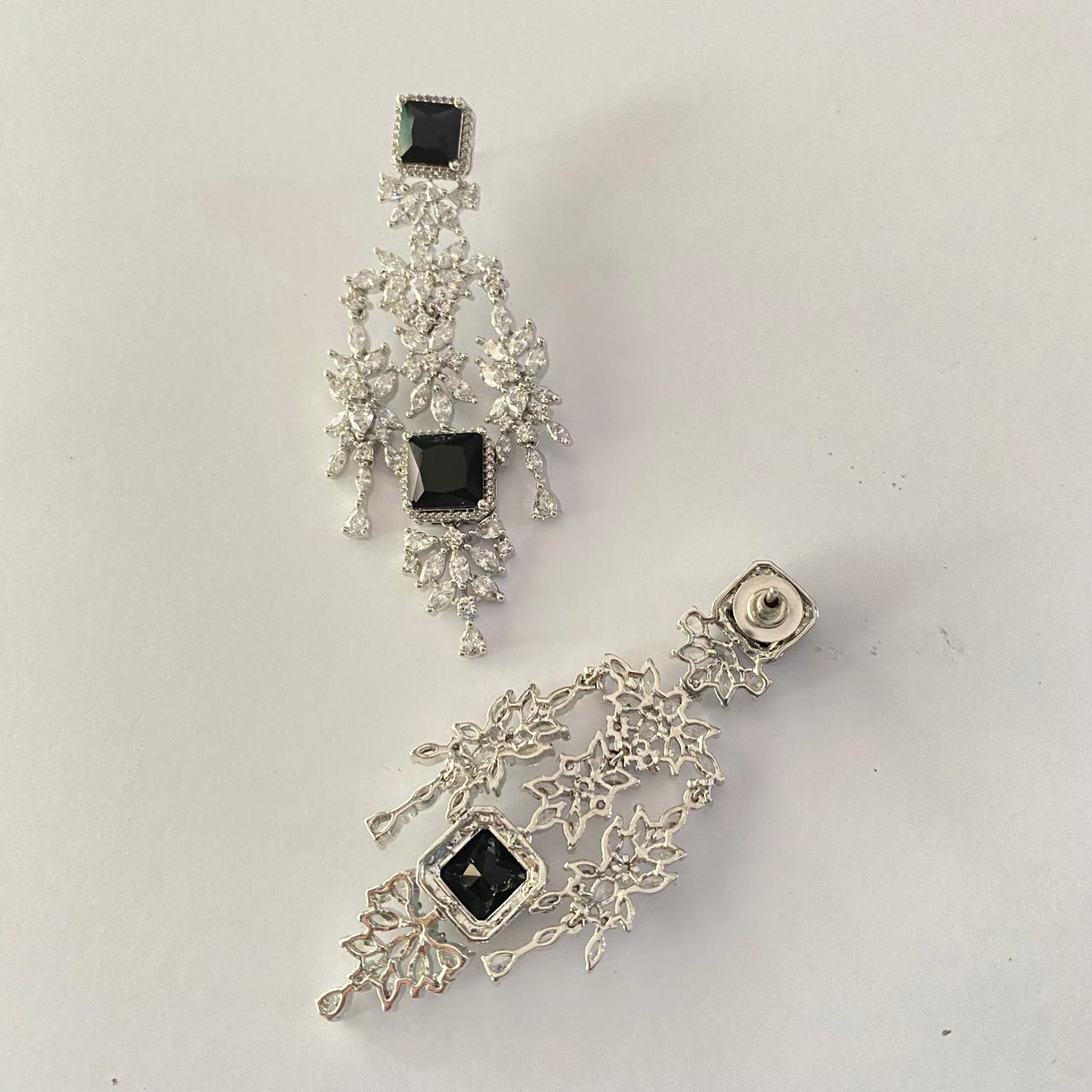 Black Stone Silver Plated Diamond Hanging Earring